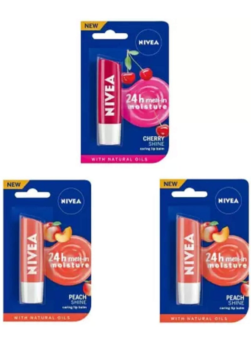 نيفيا مرطب شفاه نيفيا شاين للعناية بالشفاه رقم 21 بنكهة الكرز اللامع، والخوخ اللامع، والخوخ اللامع (عبوة من 3 قطع، 14.4 غرام) - Image 1